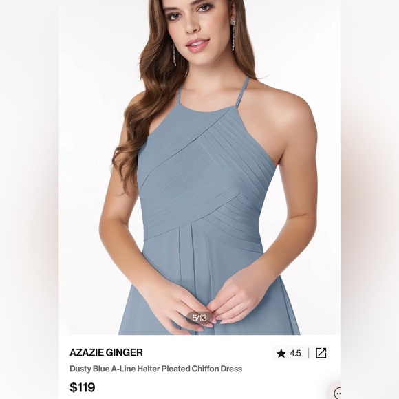 NWOT Azazie Ginger Dusty Blue A-Line Halter Pleated Chiffon Dress Size A2 - Picture 3 of 9